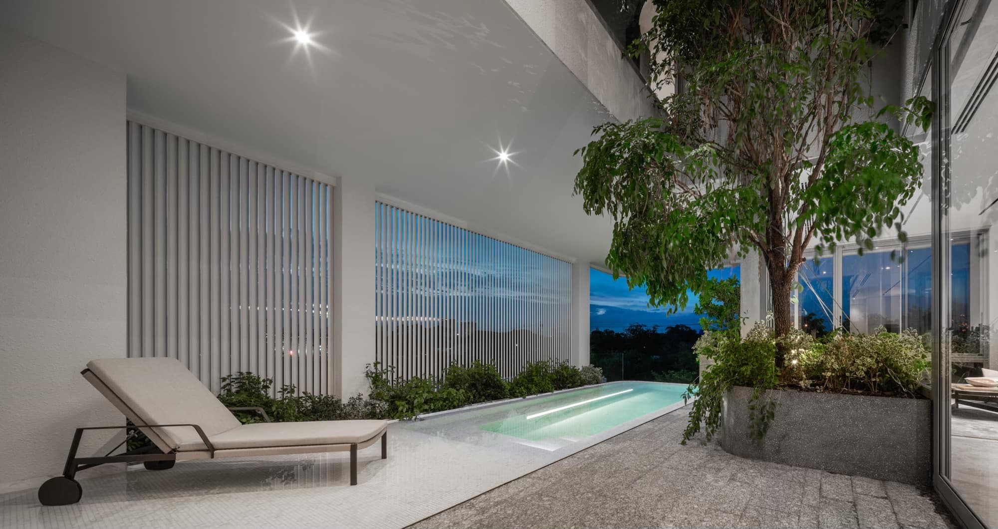 ARQ10 — private pool and lounge at twilight, with mature tree and floor-to-ceiling glazing