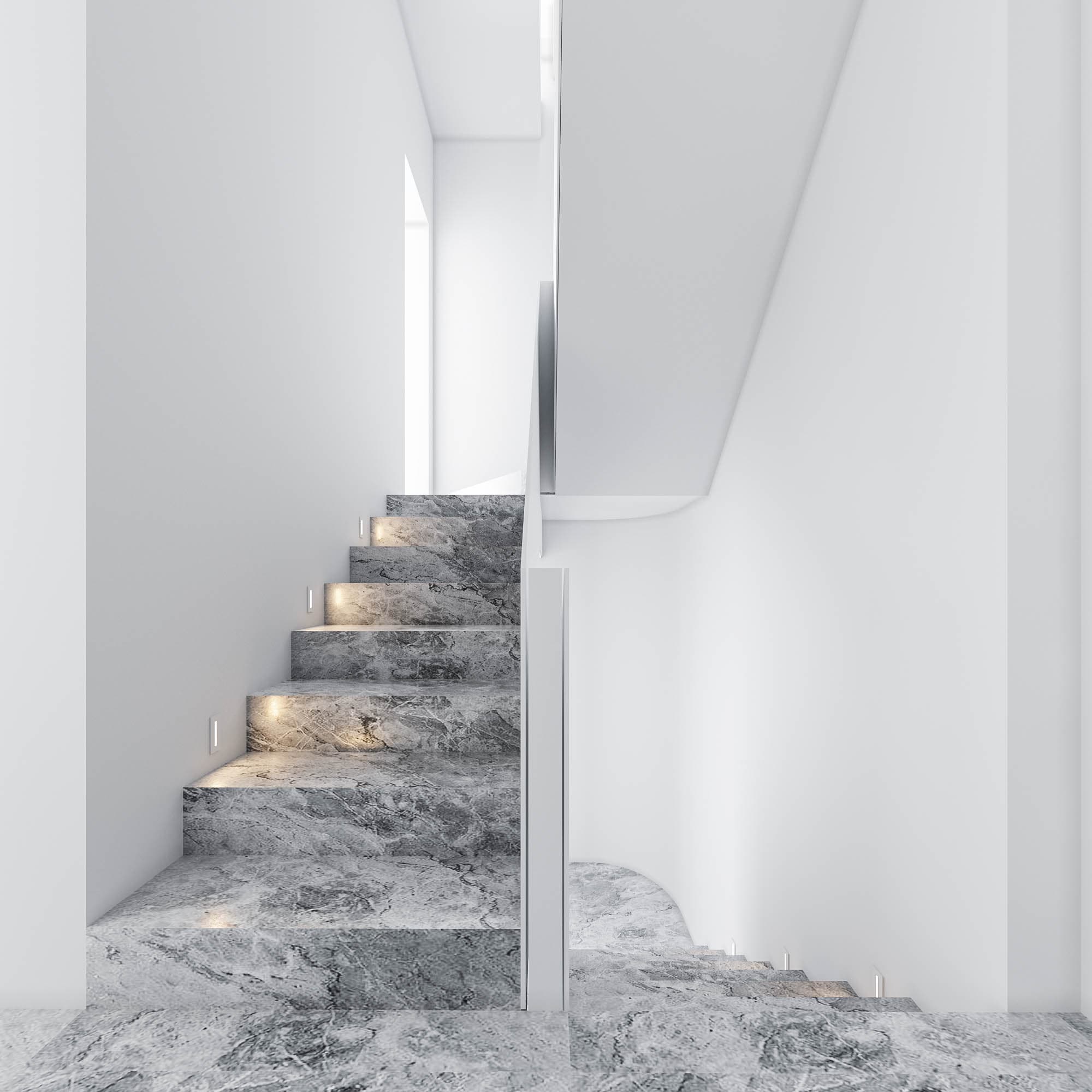 L2 stair — grey veined marble rising between white walls